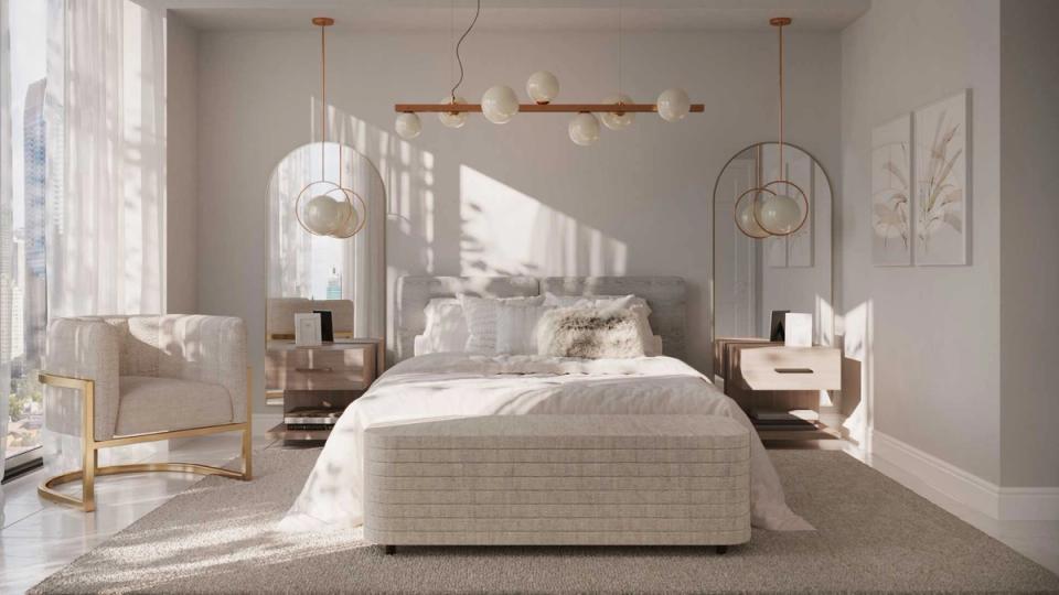 Serene modern bedroom with soft Gray Mist walls, natural light, and warm brass accents