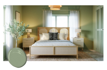 Soft sage bedroom with warm wood bed frame, sage walls, natural textiles, and gentle morning light for a calming, organic retreat