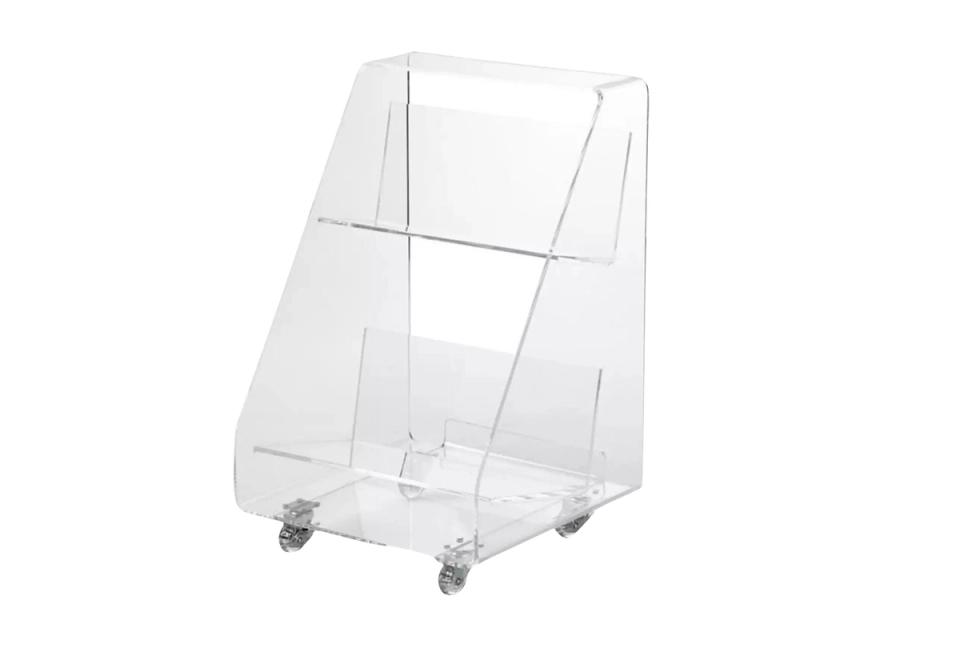 Contemporary clear acrylic rolling organizer with minimalist structural design
