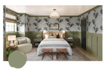 Botanical bedroom with soft green shiplap, botanical wallpaper upper walls, and warm wood accents for a serene cottage style