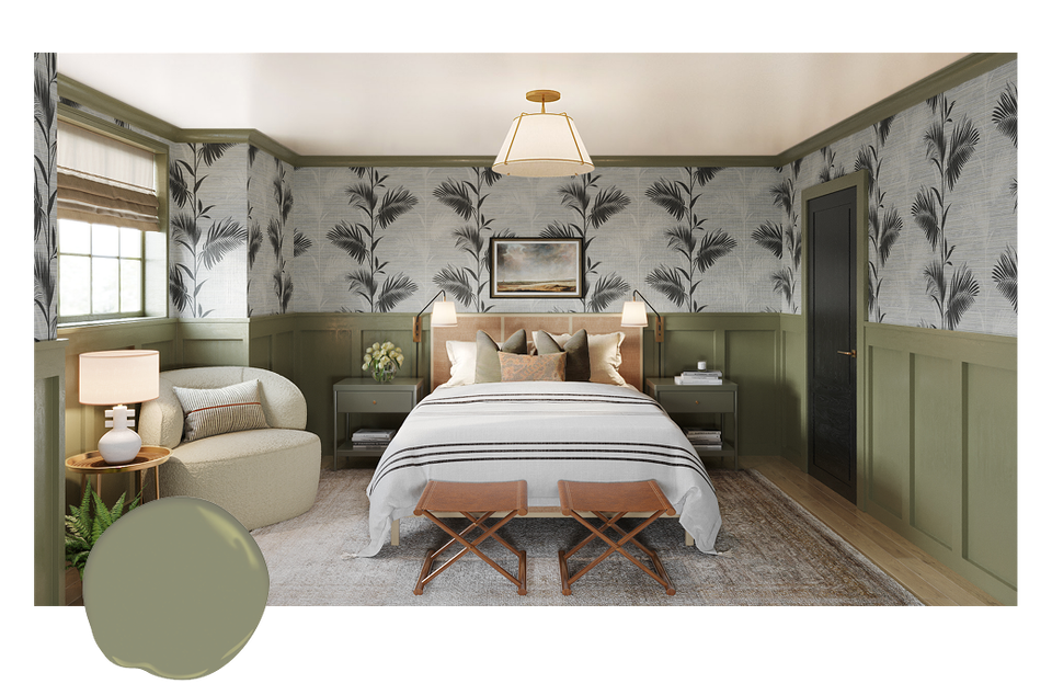 Botanical bedroom with soft green shiplap, botanical wallpaper upper walls, and warm wood accents for a serene cottage style