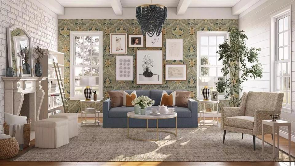 Eclectic living room blending bohemian gallery wall with modern navy sofa and natural wood accents in warm, layered neutral tones