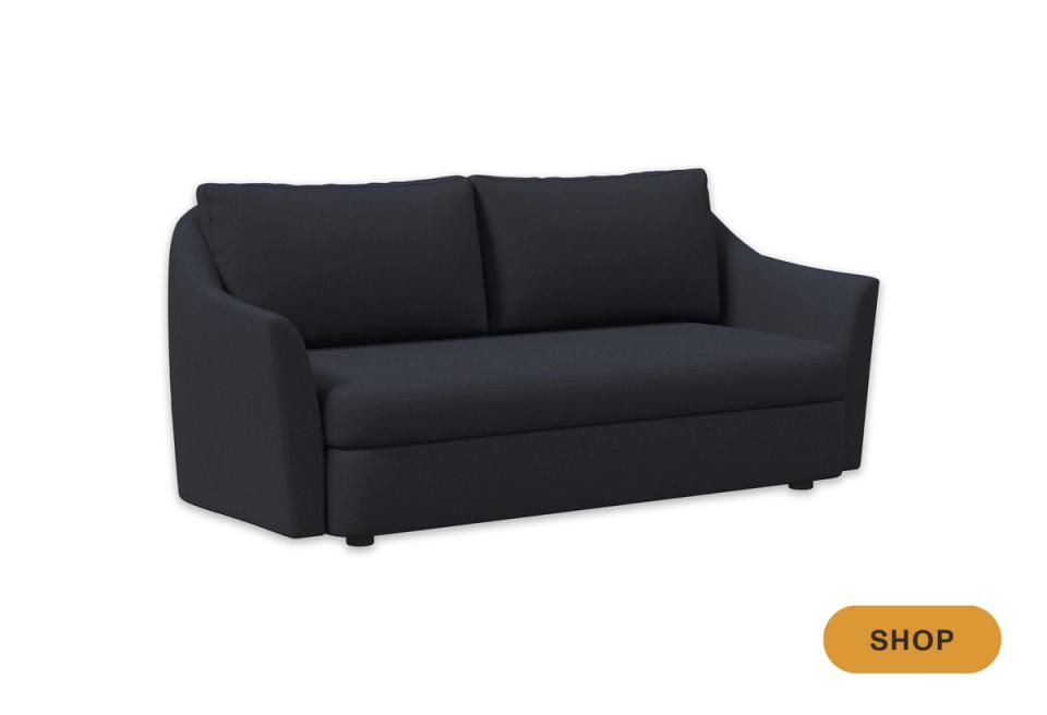 Sleek navy compact sofa with contemporary curved form and storage