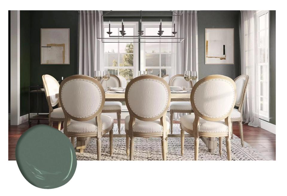 Refined dining room with sage green walls, cream upholstered chairs, sheer drapery, and bright windows combining elegant and airy sophistication