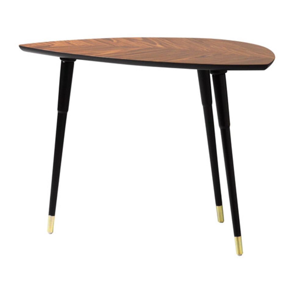 Mid-century modern console table with walnut top, black legs, and brass accents