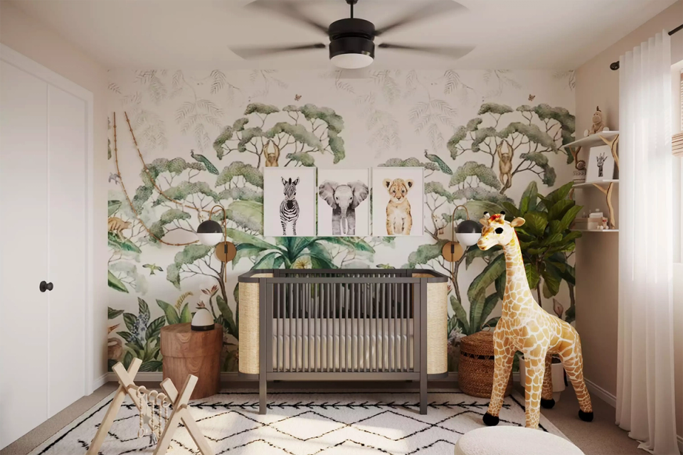 Serene nursery with botanical wallpaper mural, sage crib, natural wood, and earthy botanical theme