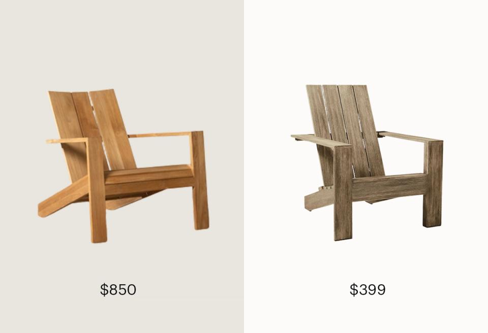 Contemporary Adirondack chairs in warm and weathered wood finishes with geometric angles