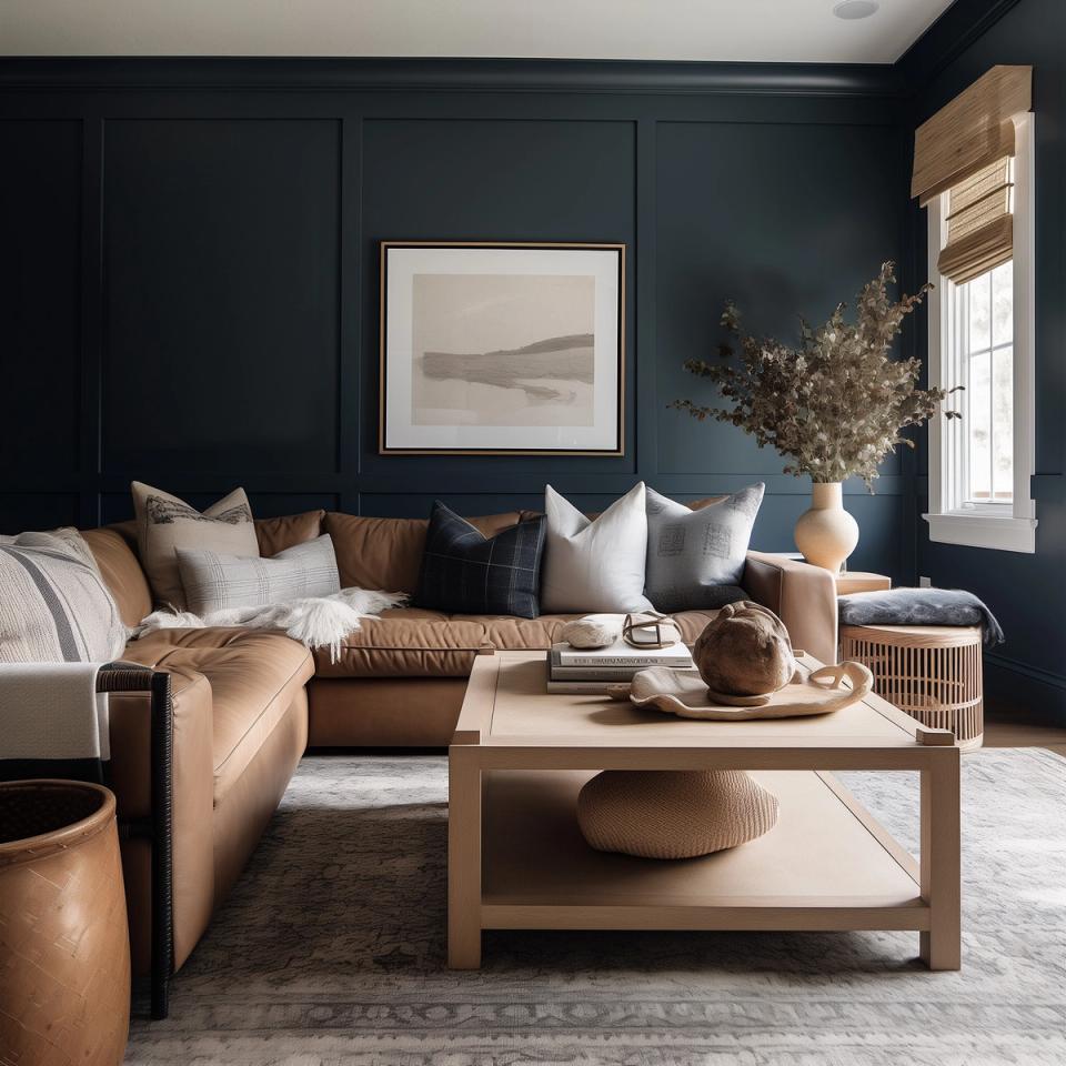 Moody teal living room with cognac leather sofa, warm wood table, and layered textures