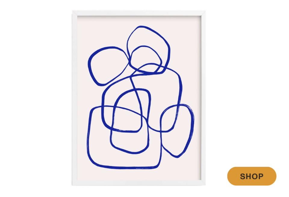Contemporary minimalist wall art with bold blue abstract line drawing