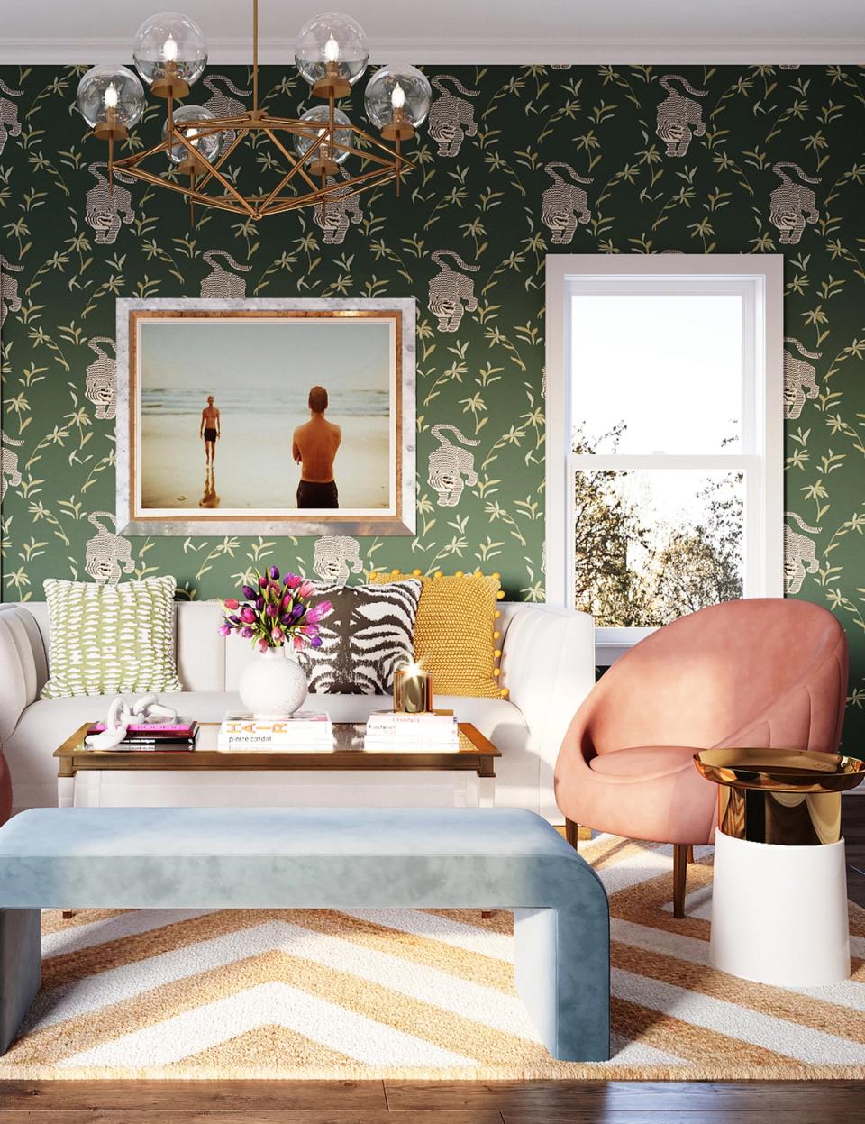 Eclectic living room with emerald botanical wallpaper, colorful pillows, and mid-century modern furnishings in playful harmony.