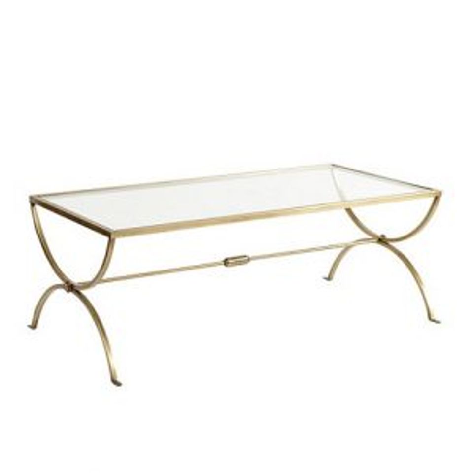 Brass and glass rectangular coffee table with curved legs in contemporary style