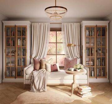 Elegant traditional reading room with window seat, glass cabinets, mauve accents, and neutral palette