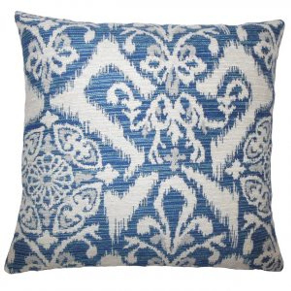 Blue and cream damask patterned pillow with traditional coastal elegance