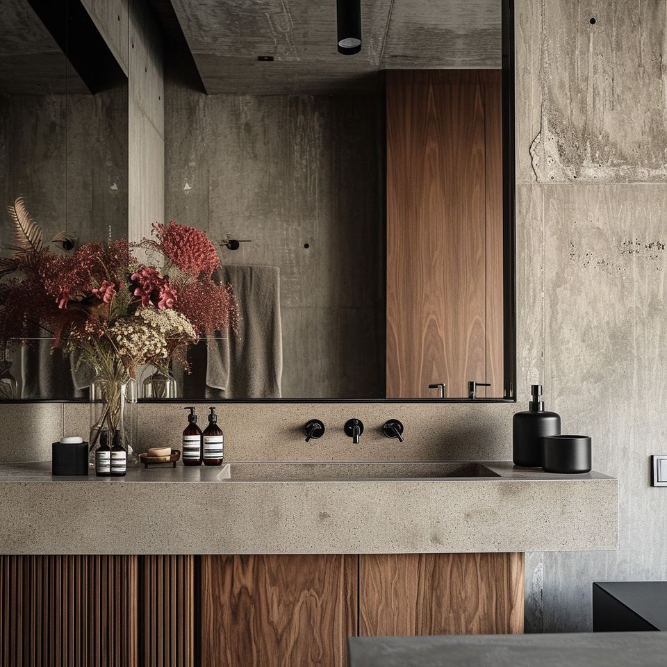 Modern industrial bathroom with raw concrete, warm wood accents, and minimalist design aesthetic