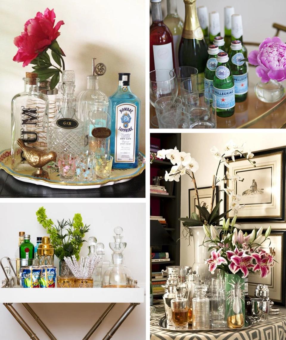 Elegant bar vignettes with fresh florals, crystal glassware, and curated spirit bottles in gold and neutral tones