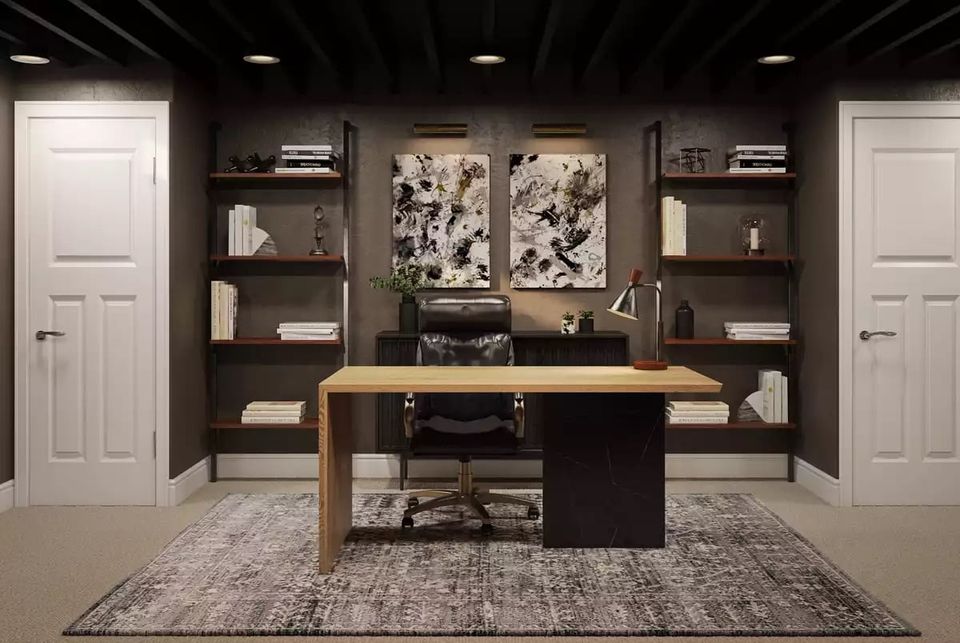 Modern workspace with dramatic black accent wall, wooden desk, symmetrical shelving, and monochromatic palette establishing sophisticated professional atmosphere