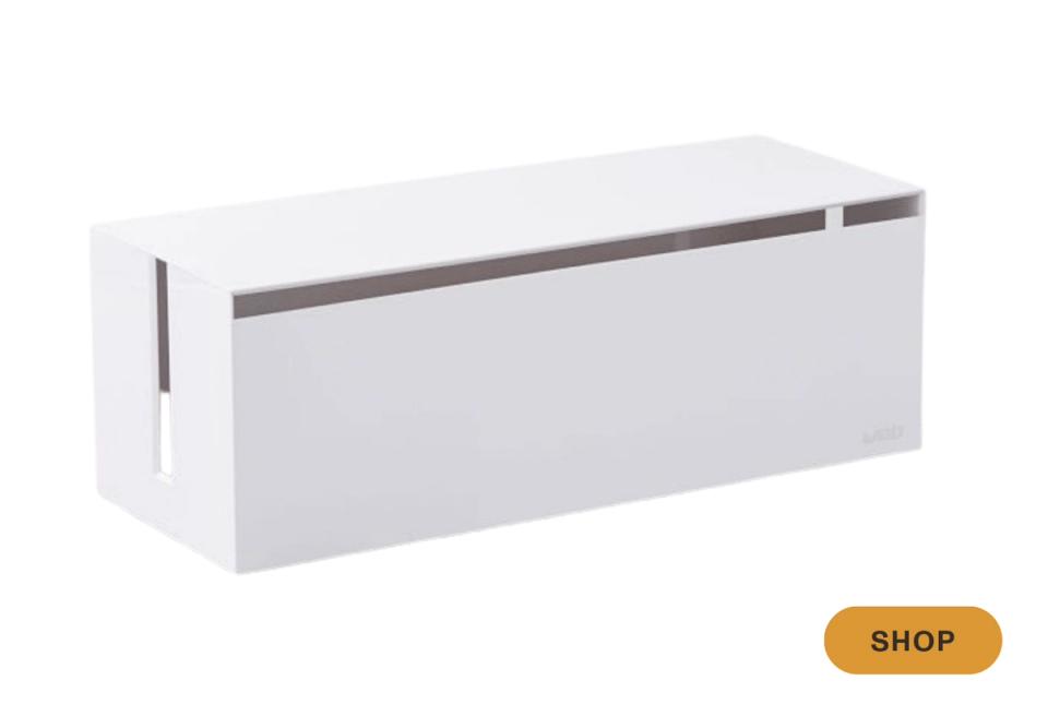 Clean-lined white storage bench with modern minimalist aesthetic