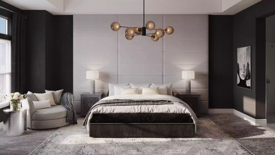 Luxurious bedroom with black accent walls, cream bedding, gold pendant lighting, and soft gray tones for a sophisticated, serene retreat