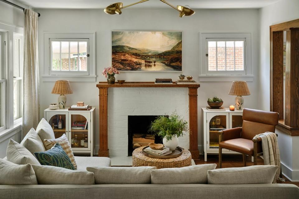 A Havenly design board showing furniture, rug, and lighting selections