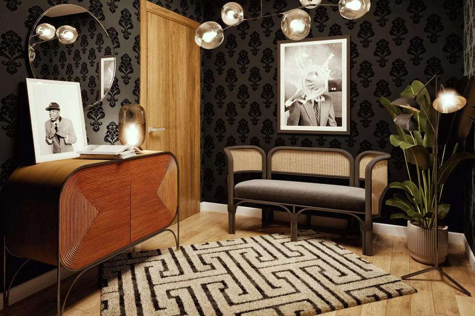 Maximalist mid-century lounge with patterned wallpaper, pendant lights, and warm wood tones