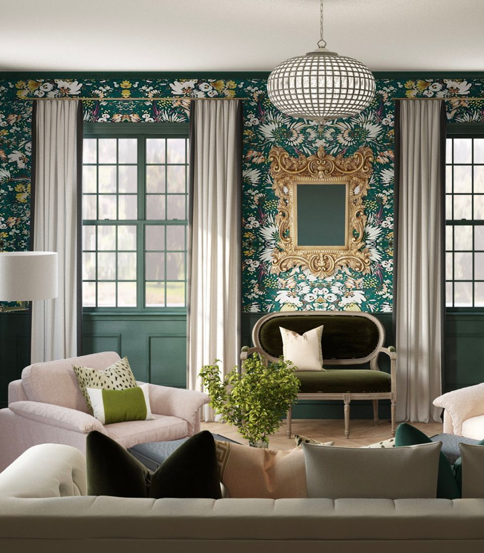 Grandmillennial living room with emerald floral wallpaper, vintage brass accents, and neutral upholstery mixing traditional elegance with modern simplicity