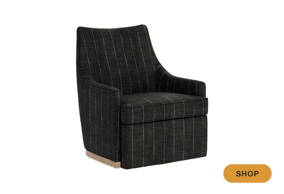 Sophisticated charcoal pinstripe swivel chair with mid-century modern silhouette