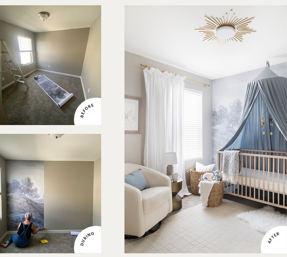 Nursery transformation from empty space to soft blue and cream modern room with crib, chair, and gold accents