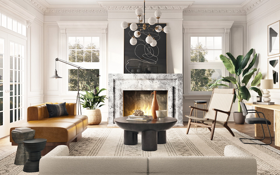 Contemporary living room with warm white walls, black marble fireplace, and earthy leather seating in a sophisticated, balanced design.