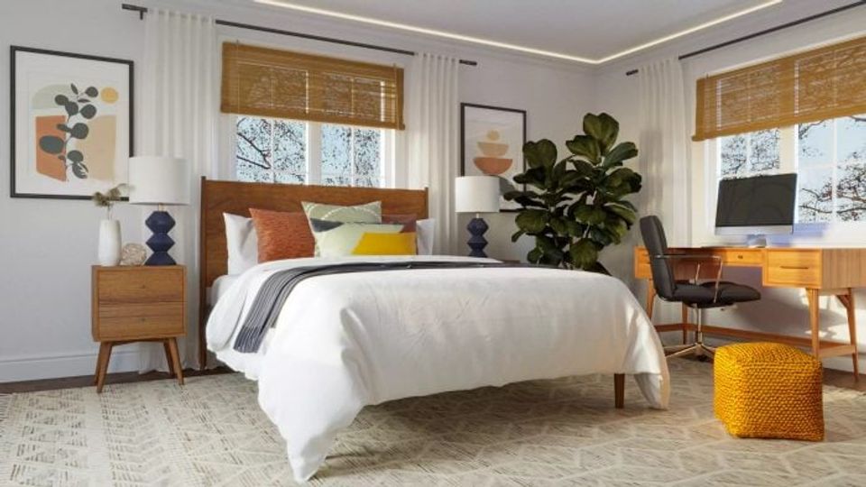 Mid-century modern bedroom with warm wood tones, white linens, and pops of golden yellow accents