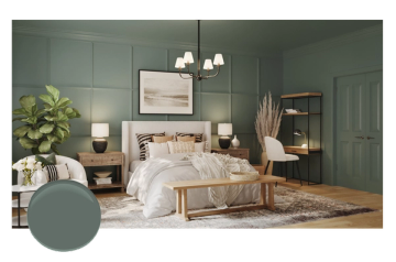 Tranquil bedroom with muted sage-green walls, warm wood tones, and soft lighting establishing a restful, curated ambiance