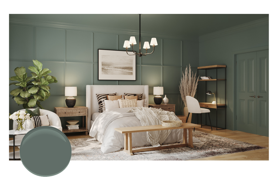 Tranquil bedroom with muted sage-green walls, warm wood tones, and soft lighting establishing a restful, curated ambiance