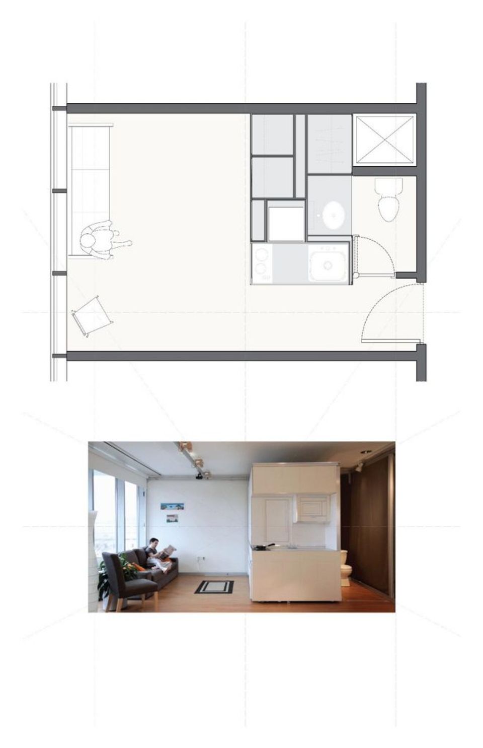 Compact studio floor plan with efficient layout and bright, open modern apartment interior with natural light