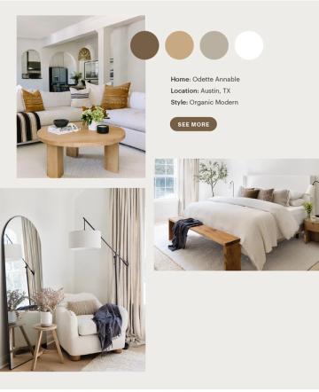 Warm organic modern living space with natural wood furniture, neutral taupe and cream palette with golden accents