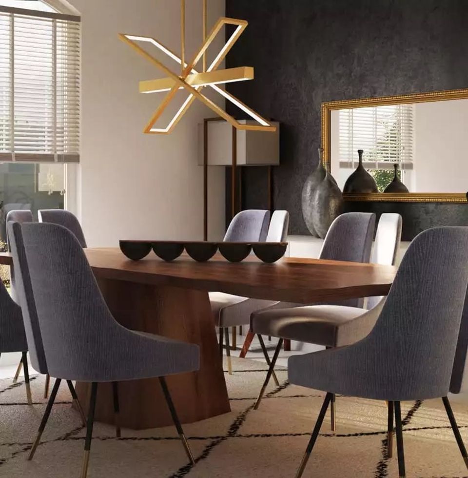 Mid-century modern dining space with charcoal textured accent wall, walnut table, sculptural brass fixture, and sophisticated neutral palette