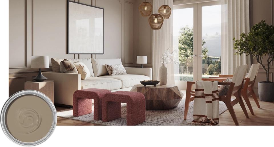 Contemporary living space with warm taupe walls, burgundy ottomans, and natural light creating refined transitional elegance