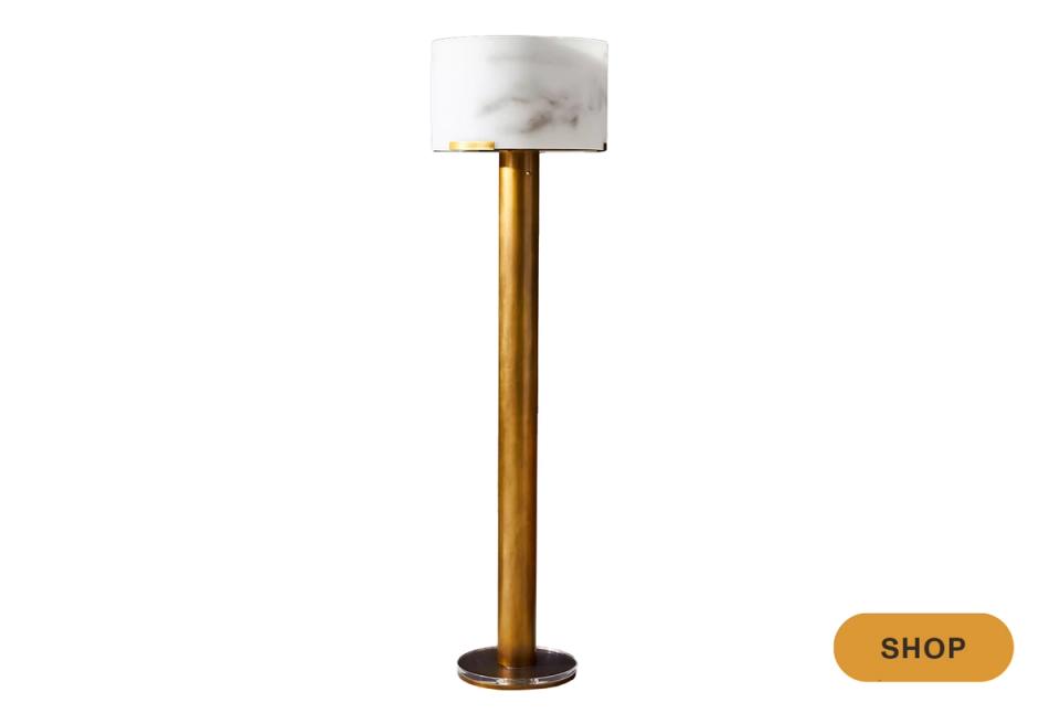 Modern marble and brass floor lamp with cylindrical drum shade