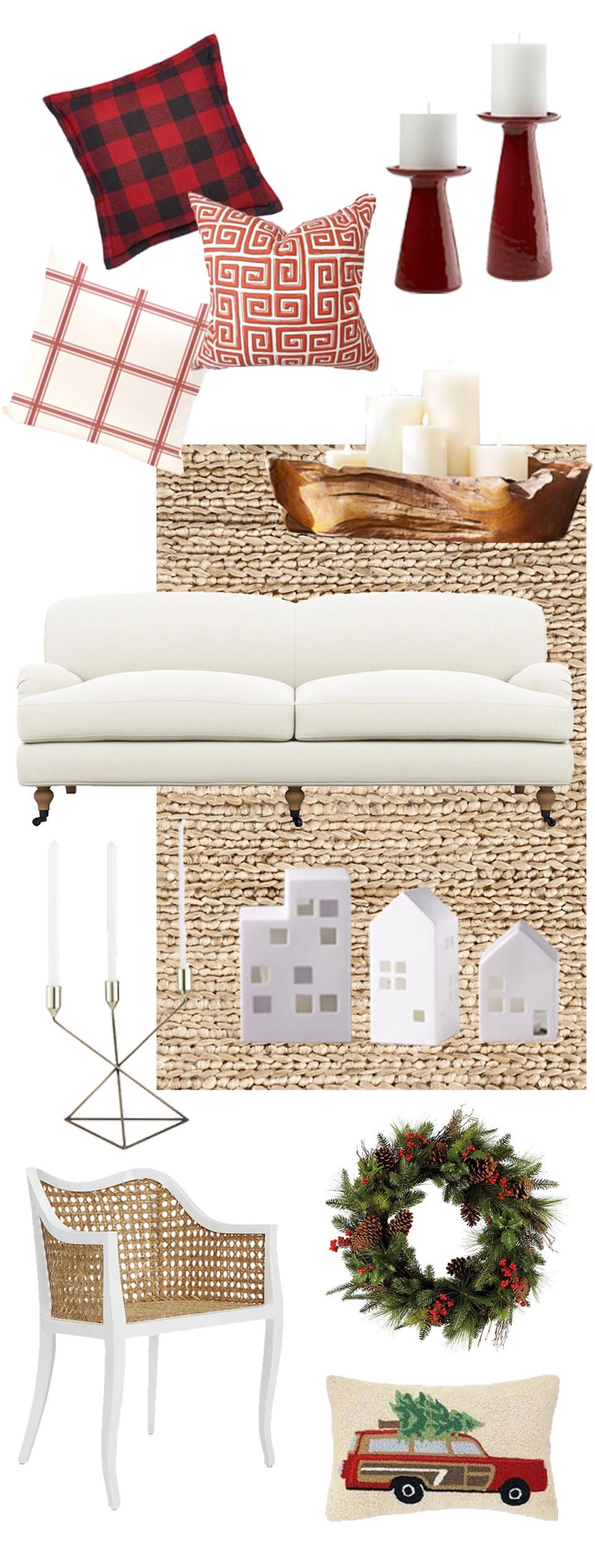 Curated Christmas decor collection: red plaid pillows, cream sofa, natural woven textures, and traditional holiday accessories