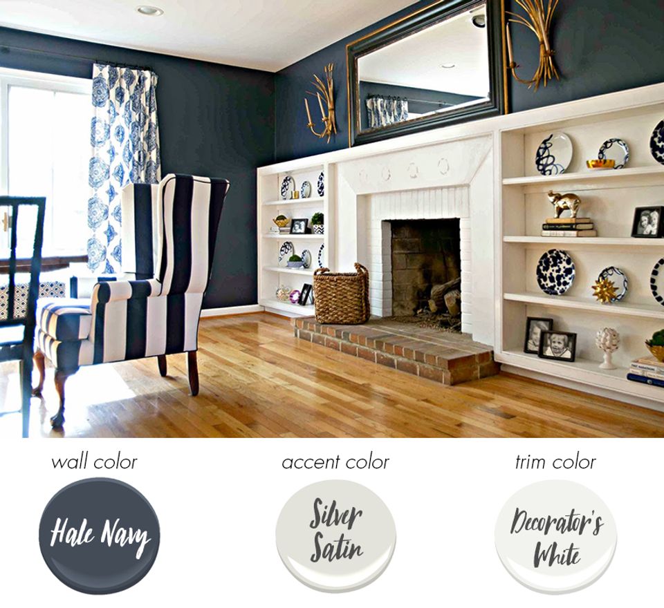 Transitional living room with deep navy walls, built-in shelving, and classic elegance
