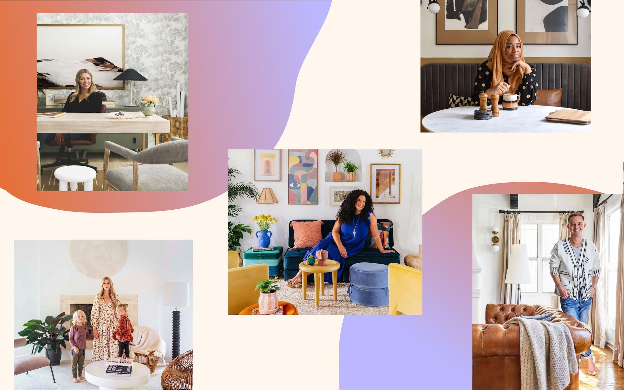 Colorful design mood board blending warm oranges, soft pinks, and cool purples across modern, eclectic home interiors