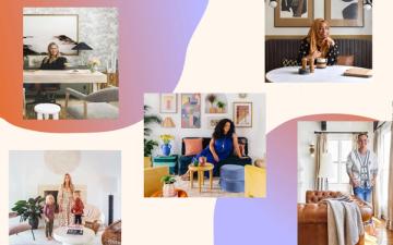 Colorful design mood board blending warm oranges, soft pinks, and cool purples across modern, eclectic home interiors
