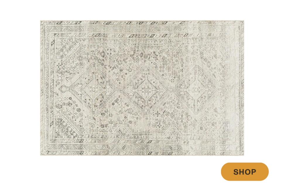 Light neutral area rug with subtle texture and minimalist distressed monochromatic aesthetic