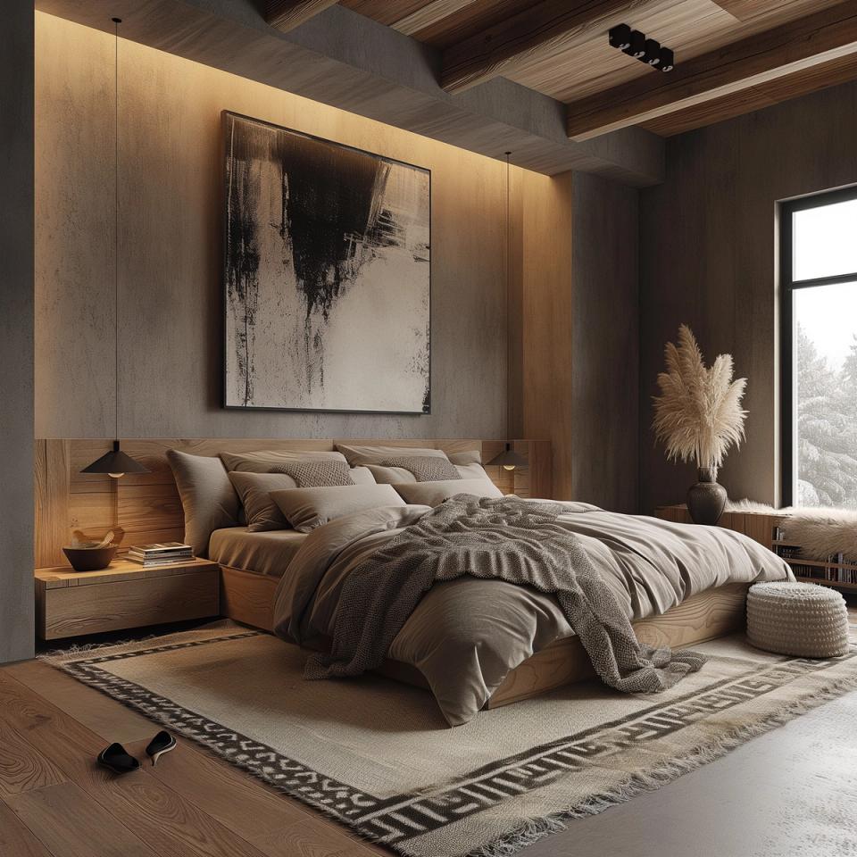 Contemporary bedroom with warm wood tones, ambient lighting, and warm neutral palette throughout