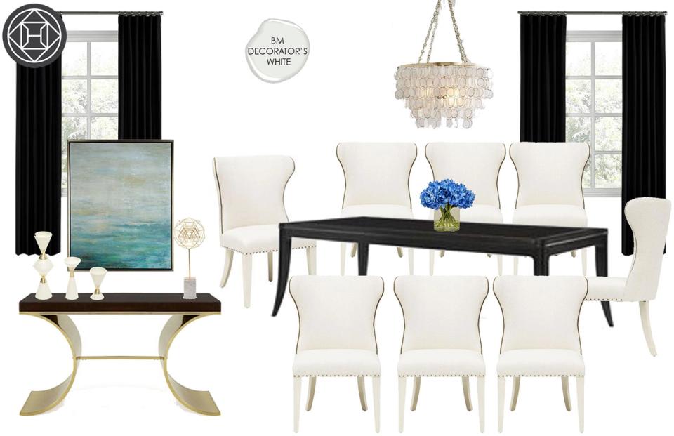 Contemporary dining design featuring black table, cream upholstered chairs, black drapery, and teal abstract art accent