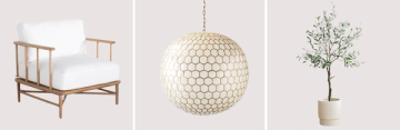 Coastal design elements: mid-century bench, geometric pendant light, and potted topiary tree