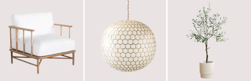 Coastal design elements: mid-century bench, geometric pendant light, and potted topiary tree