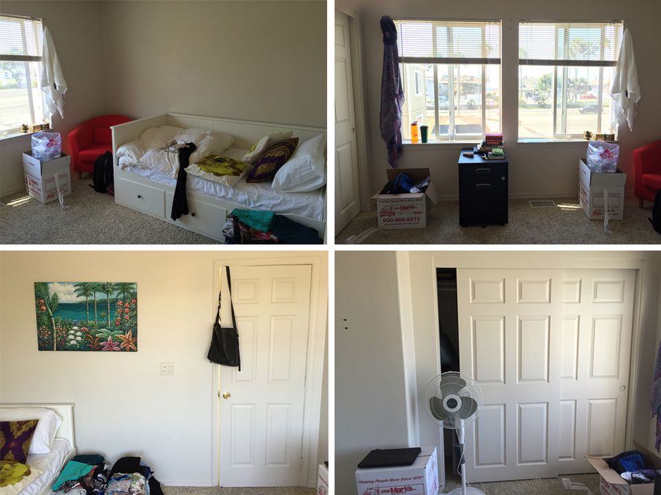 Before transformation: cluttered bedroom spaces with minimal organization and neutral furnishings