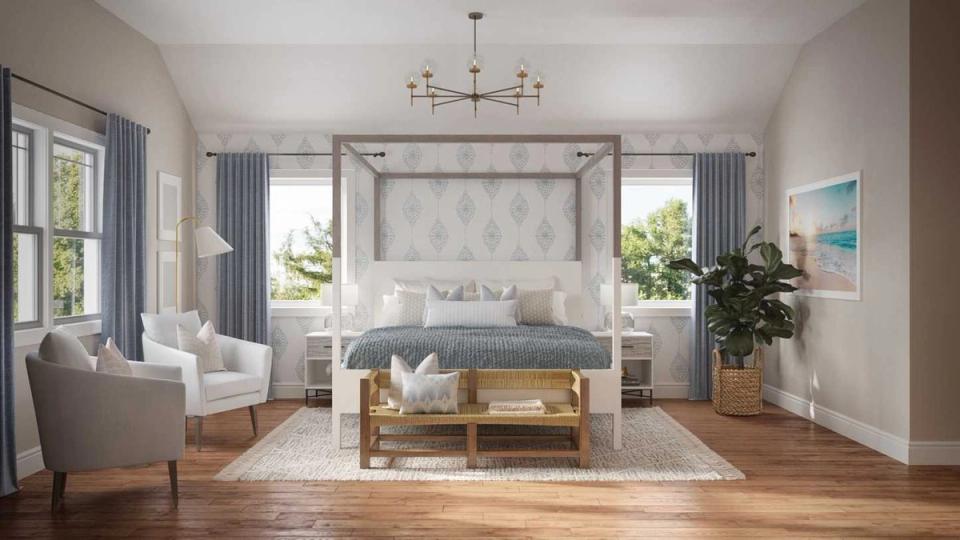 Modern farmhouse bedroom with upholstered canopy bed, warm wood tones, and serene atmosphere