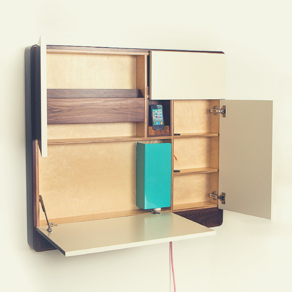 Compact fold-down wall desk with light wood and teal accents for smart space-saving storage