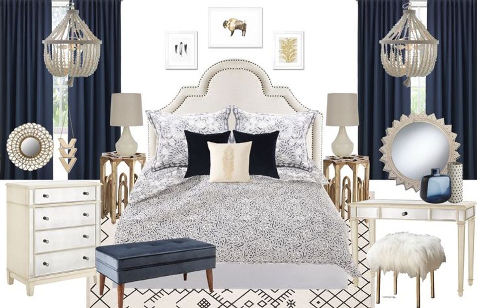 Sophisticated bedroom with ornate cream headboard, black and white bedding, navy accents, and elegant paired nightstands