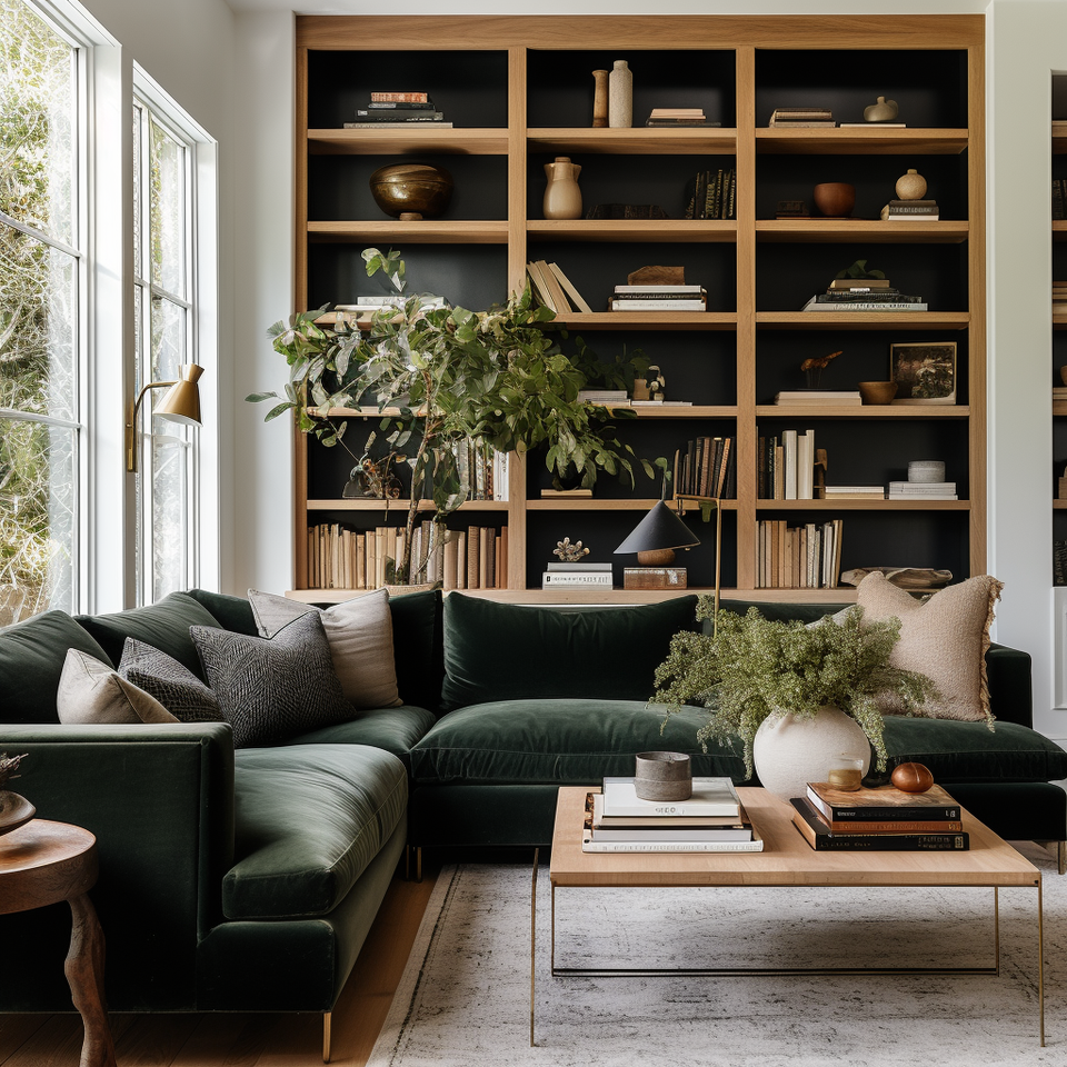 Contemporary living room with rich green velvet seating, natural wood shelving wall, and organic botanical accents in neutral palette